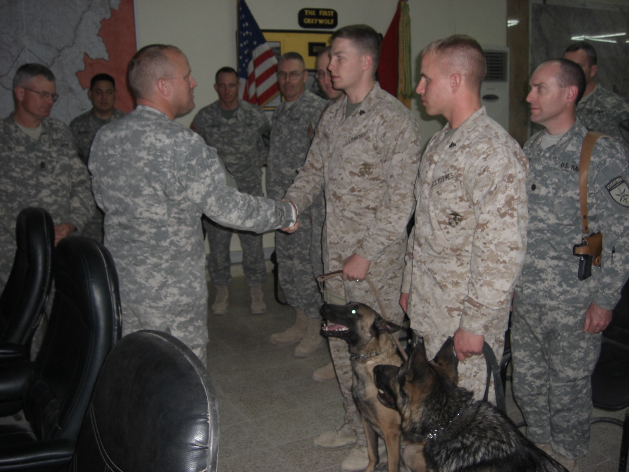 Baity (MWD Rona) and Kinney (MWD Hans) in Baghdad Iraq being awarded Army Commendation Medals for service to the US Army.
